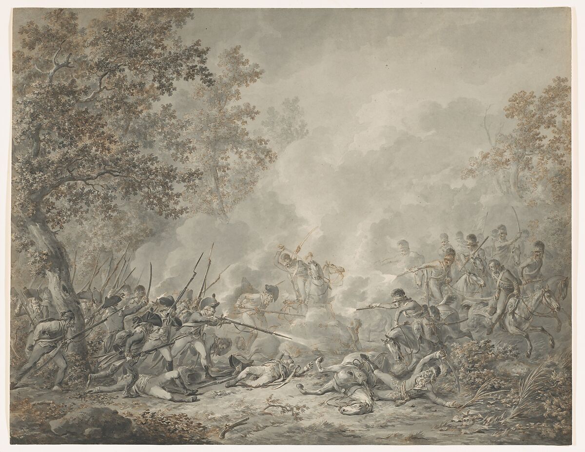 A Battle Between Cavalrymen and Infantry, Dirk Langendijk (Dutch, Rotterdam 1748–1805 Rotterdam), Pen and brown ink, brush and gray wash 