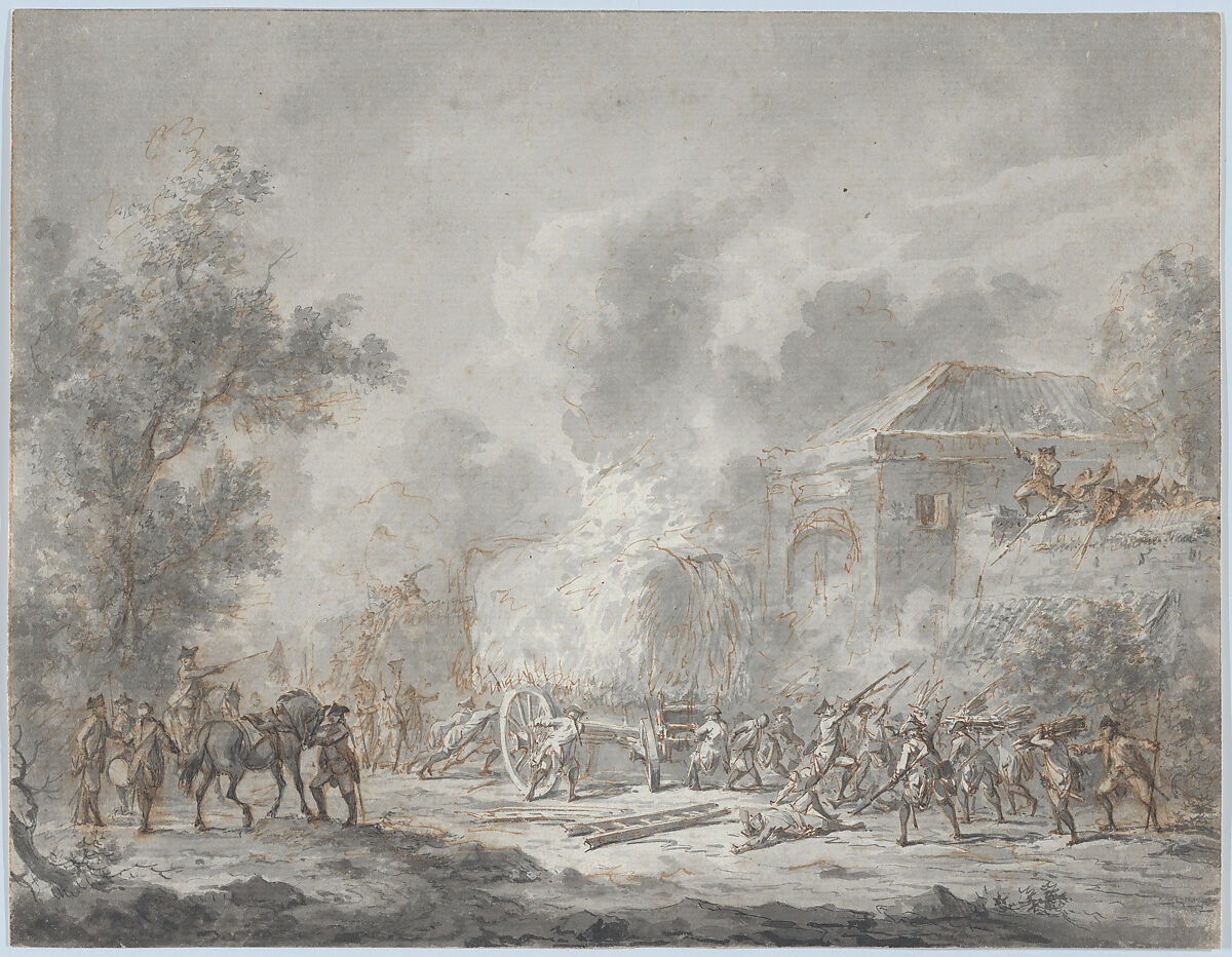 A Skirmish with Soldiers Near a Farm; Verso: Sketch with Soldiers, Dirk Langendijk (Dutch, Rotterdam 1748–1805 Rotterdam), Pen and brown and black ink, brush and gray ink 