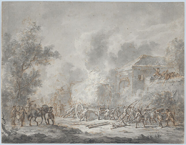A Skirmish with Soldiers Near a Farm; Verso: Sketch with Soldiers