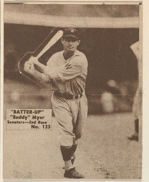 Card 133, "Buddy" Myer, Senators, 2nd Base (Brown), from the Batter Up series (R318) issued by the National Chicle Gum Company, Issued by the National Chicle Gum Company, Cambridge, Massachusetts, Photolithograph 