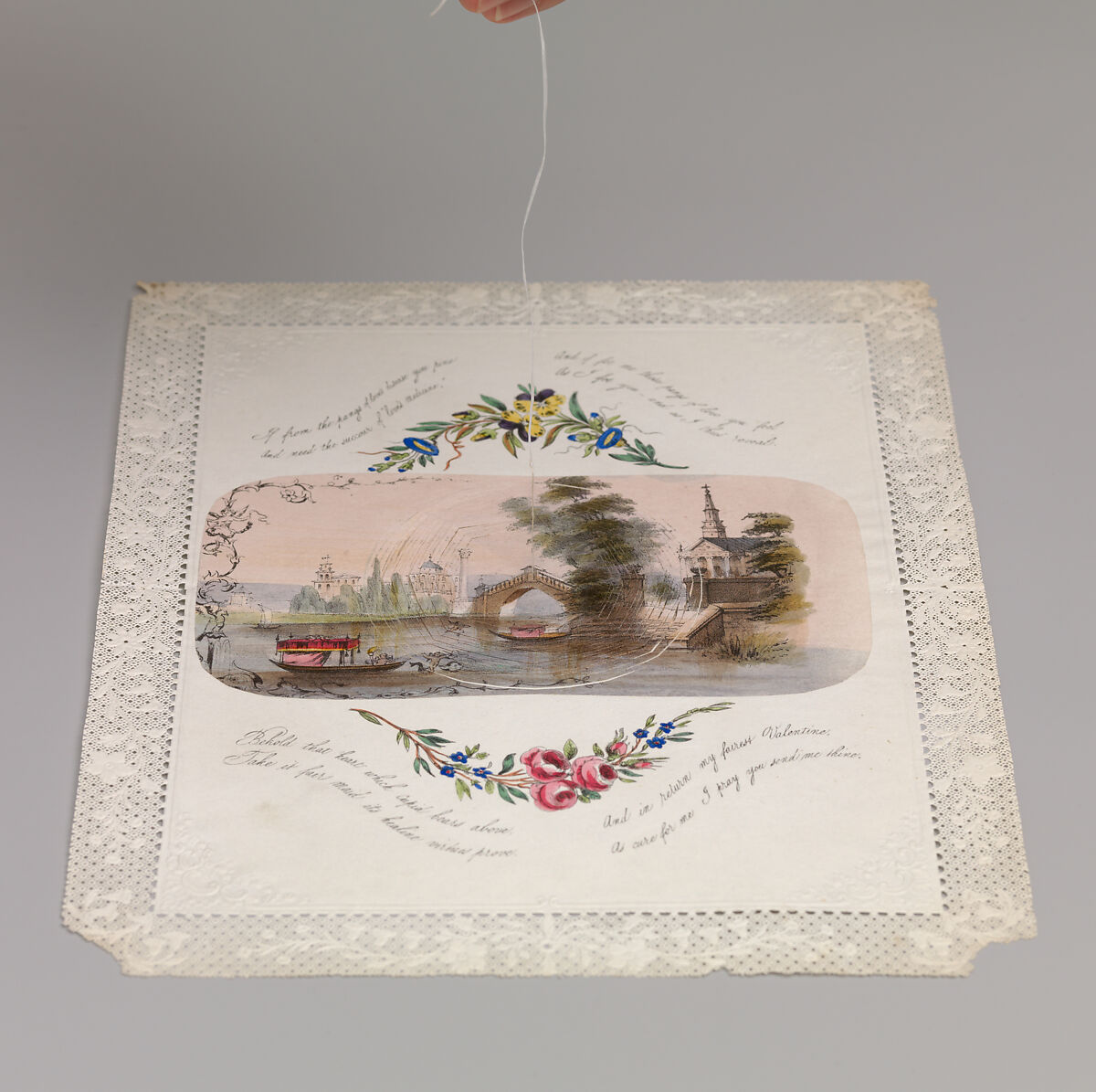 Double cobweb valentine with Venetian scene, Anonymous (British, 19th century), Lithography, watercolor on openwork cameo-embossed paper