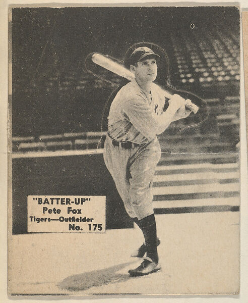 Card 175, Pete Fox, Tigers, Outfielder (Black), from the Batter Up series (R318) issued by the National Chicle Gum Company, Issued by the National Chicle Gum Company, Cambridge, Massachusetts, Photolithograph 