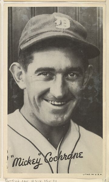 "Mickey" Cochrane, from the Goudey Wide Pen Premiums series (R314) issued by the Goudey Gum Company, Issued by the Goudey Gum Company, Photolithograph 
