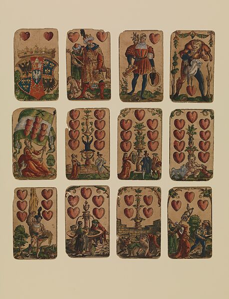 Suit of Hearts, from The Playing Cards of Peter Flötner, Peter Flötner (German, Thurgau 1485–1546 Nuremberg), Woodcut on paper with watercolor, opaque paint, and gold; the d’Este arms are hand drawn in pen and ink on the 2 of every suit, German 