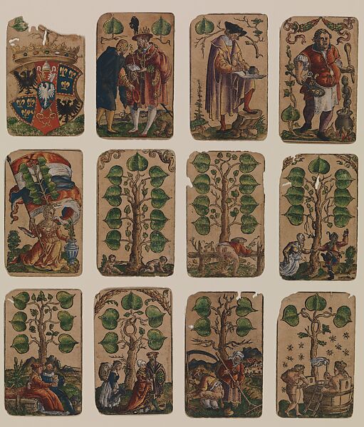 Suit of Leafs, from The Playing Cards of Peter Flötner, Peter Flötner (German, Thurgau 1485–1546 Nuremberg), Woodcut on paper with watercolor, opaque paint, and gold; the d’Este arms are hand drawn in pen and ink on the 2 of every suit, German 