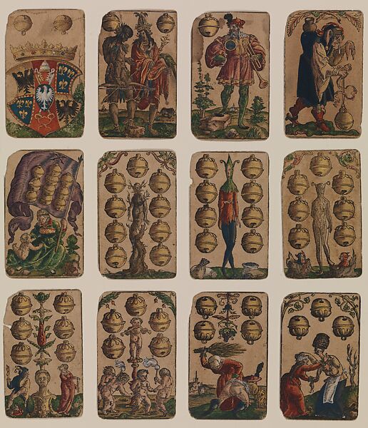 Suit of Bells, from The Playing Cards of Peter Flötner, Peter Flötner (German, Thurgau 1485–1546 Nuremberg), Woodcut on paper with watercolor, opaque paint, and gold; the d’Este arms are hand drawn in pen and ink on the 2 of every suit, German 