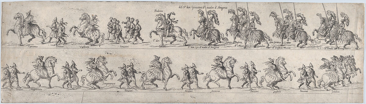 Plate for Giovanni d'avalos d'Aragona, from a series of twelve showing knights and their attendants dressed for a tournament (plate 2), Anonymous, Etching 