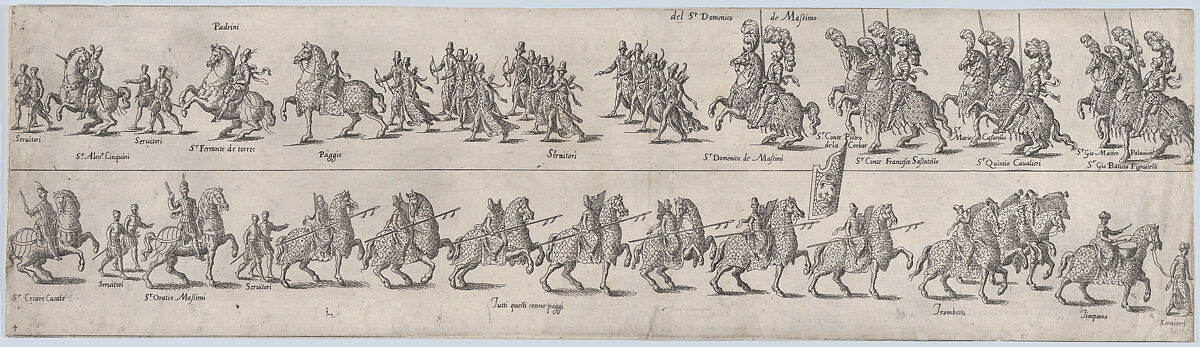 Plate depicting Domenico de Massimo, from a series of twelve showing knights and their attendants dressed for a tournament (plate 4), Anonymous, Etching 