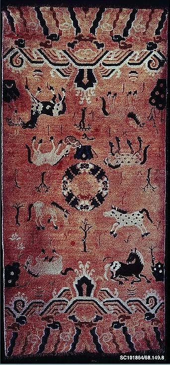 Saddle or Traveler's Rug, Foundation: cotton warp and weft;  wool knotting, China 