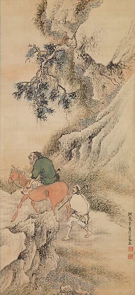 Herb Gatherers in the Mountains, Yosa Buson (Japanese, 1716–1783), Hanging scroll; ink and color on satin, Japan 