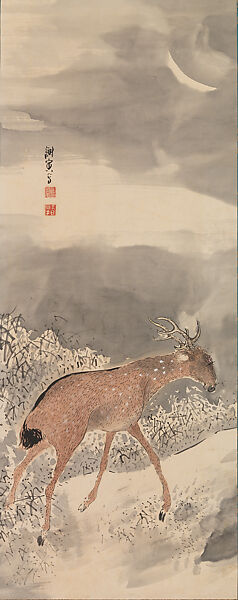 Deer in Moonlight, Yosa Buson (Japanese, 1716–1783), Hanging scroll; ink and color on paper (with ivory jiku), Japan 