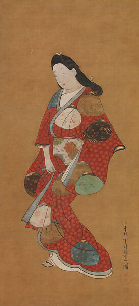 Standing Courtesan, Hishikawa Moronobu 菱川師宣 (Japanese, 1618–1694), Hanging scroll; ink and color on silk, Japan 