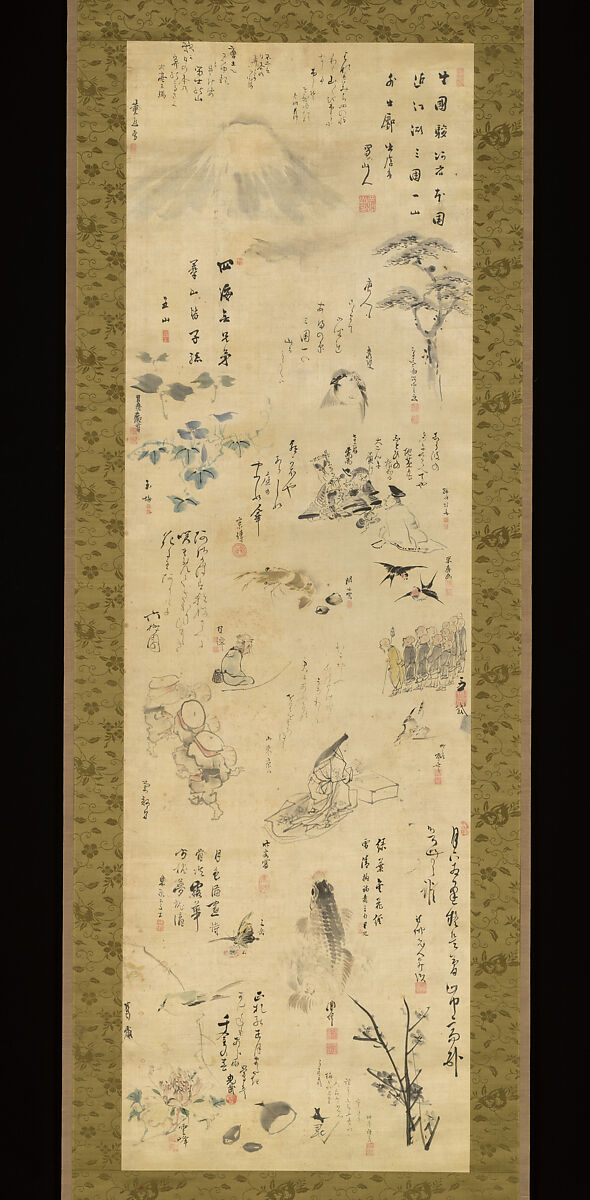 Drawings and Poems by Various Artists, Shokusanjin (Ōta Nanpo) (Japanese, 1749–1823), Hanging scroll; ink and color on silk, Japan 