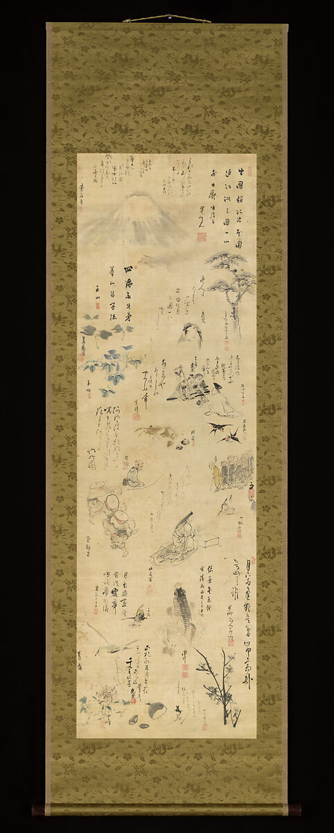 Drawings and Poems by Various Artists, Shokusanjin (Ōta Nanpo) (Japanese, 1749–1823), Hanging scroll; ink and color on silk, Japan