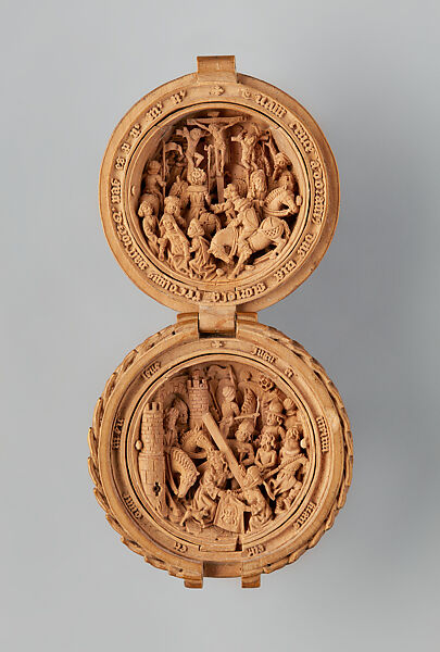 Prayer Bead with the Crucifixion and Jesus Carrying of the Cross, Boxwood; copper case; velvet and leather pouch, Netherlandish 