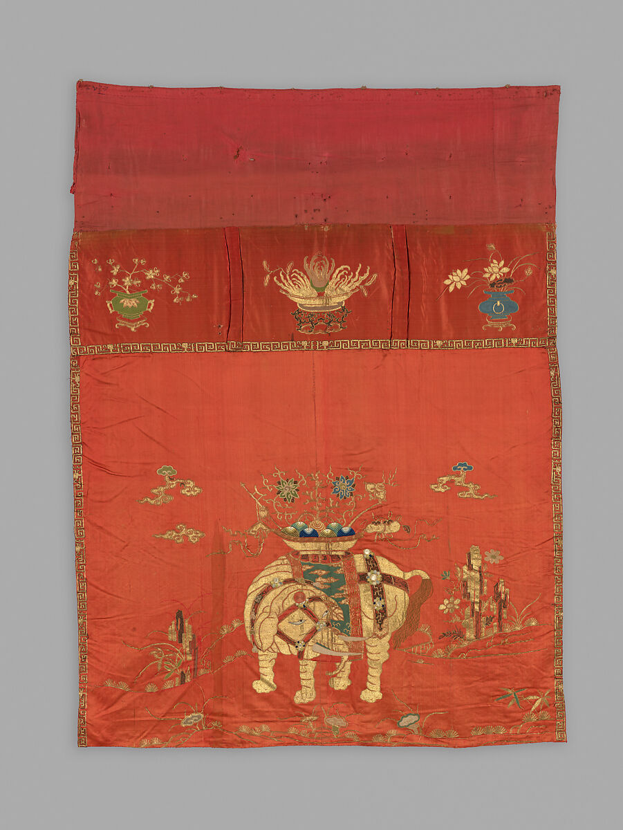 Table Vallance with Elephant, Silk and metal thread embroidery on silk satin, China 