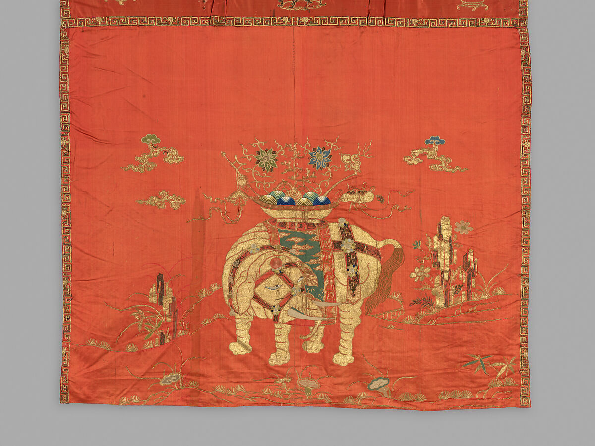 Table Vallance with Elephant, Silk and metal thread embroidery on silk satin, China
