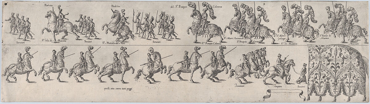 Plate depicting Pompeo Colonna, from a series of twelve showing knights and their attendants dressed for a tournament (plate 6), Anonymous, Etching 