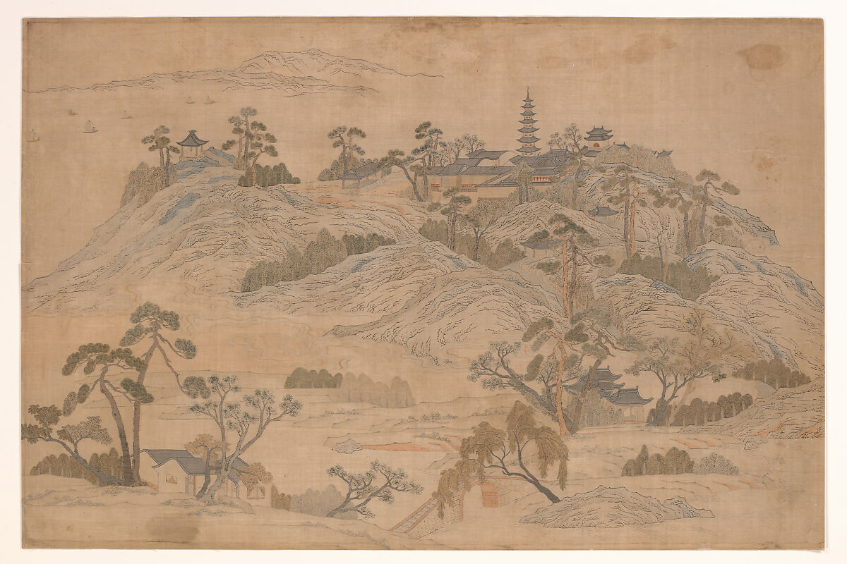 Panel with Landscape, Silk and metallic thread tapestry (kesi) with ink and color, China 