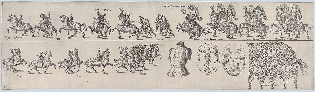 Plate depicting Giovanni Orsino, from a series of twelve showing knights and their attendants dressed for a tournament (plate 8), Anonymous, Etching 