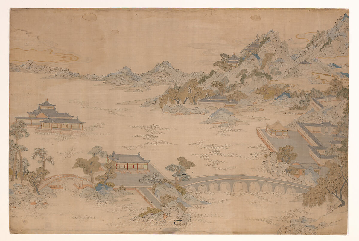 Panel with Landscape, Silk and metallic thread tapestry (kesi) with ink and color, China 