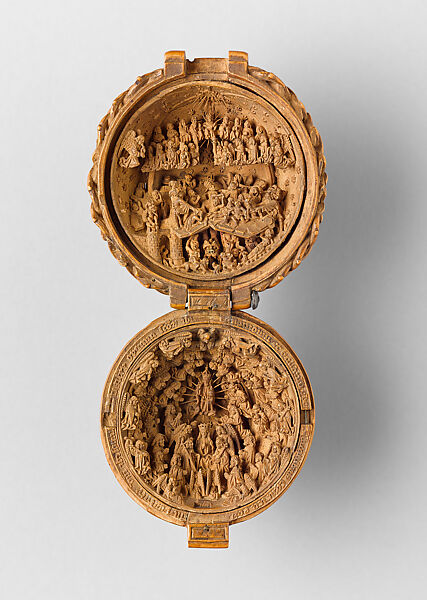 Prayer Bead with the Last Judgment and the Coronation of the Virgin, Boxwood, with traces of later gilding, Netherlandish 
