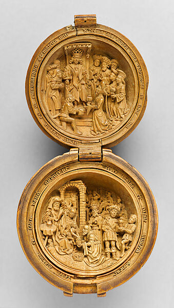 Prayer Bead with the Queen of Sheba Visiting King Solomon and the Adoration of the Magi, Boxwood, Netherlandish 