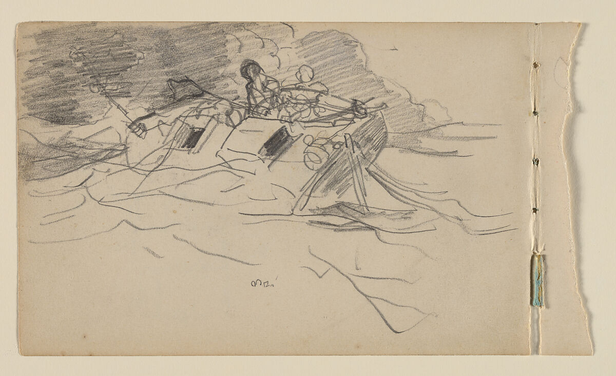 Distressed Boat (Sketch for "The Gulf Stream") (recto); Floor Plan Diagram; Elevation of a domestic residence (verso), Winslow Homer (American, Boston, Massachusetts 1836–1910 Prouts Neck, Maine), Graphite on paper, American 