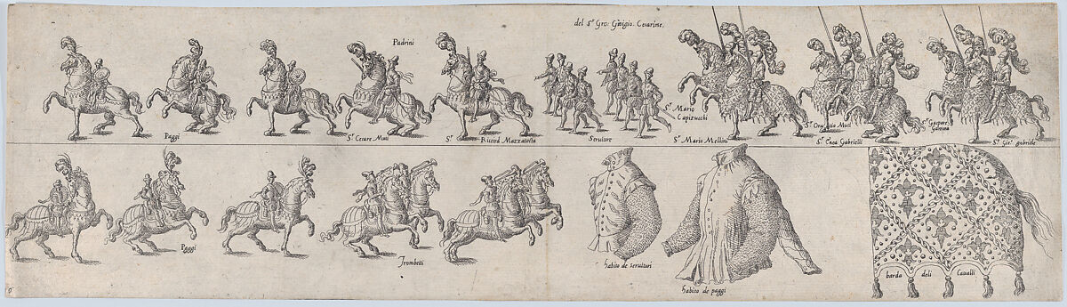 Plate for Giorgio Cesarini, from a series of twelve showing knights and their attendants dressed for a tournament (plate 10), Anonymous, Etching 