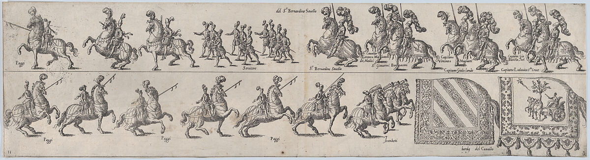 Plate for Sr. Bernardino Savello, from a series of twelve showing knights and their attendants dressed for a tournament (plate 11), Anonymous, Etching 