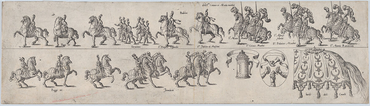 Plate for Sr. Ciriaco Matthei and Sr. Mutio Matthei, from a series of twelve showing knights and their attendants dressed for a tournament (plate 12), Anonymous, Etching 