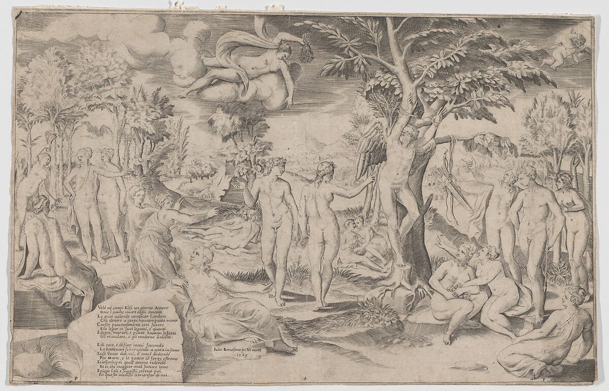 Cupid in the Elysian Fields tied to a tree in the centre, surrounded by many figures, Giulio Bonasone (Italian, active Rome and Bologna, 1531–after 1576), Engraving 