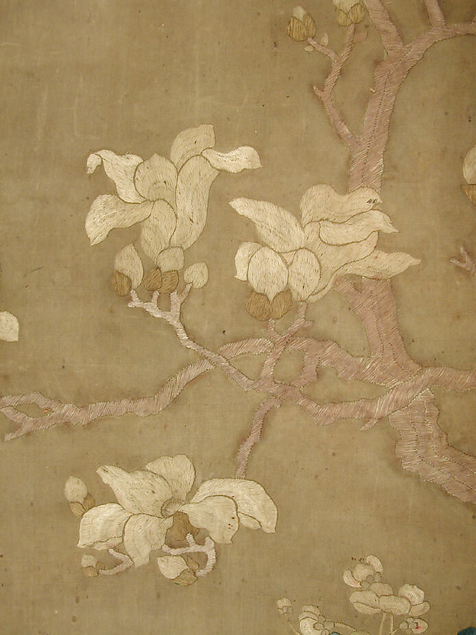 Magnolia, crabapple, and tree peony, Silk embroidery on silk twill, China