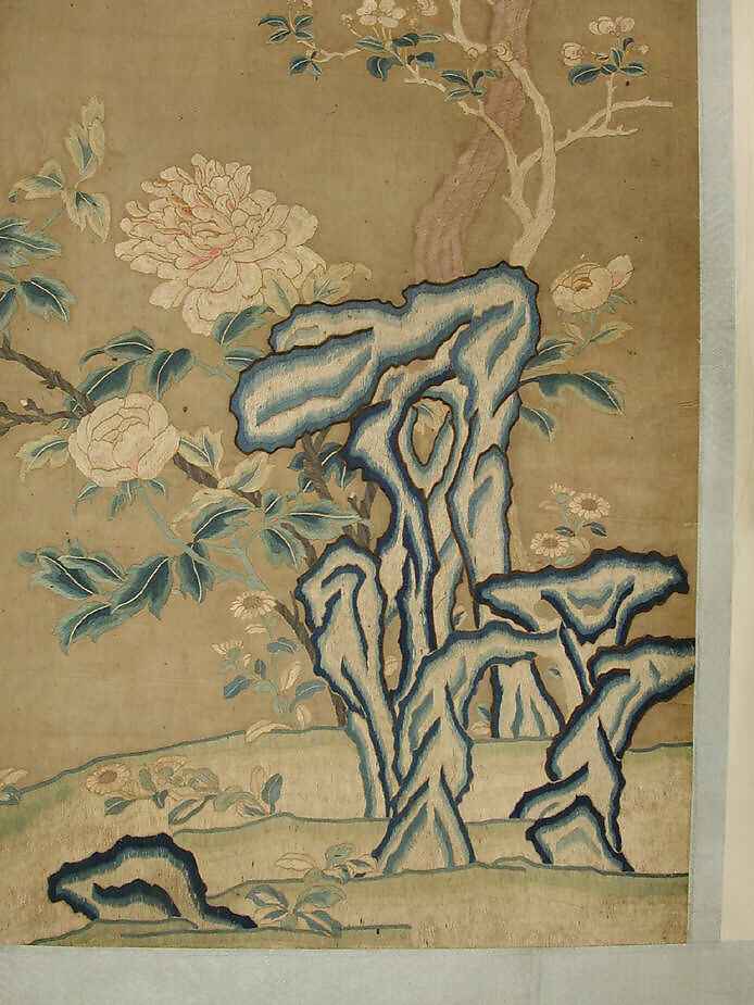 Magnolia, crabapple, and tree peony, Silk embroidery on silk twill, China