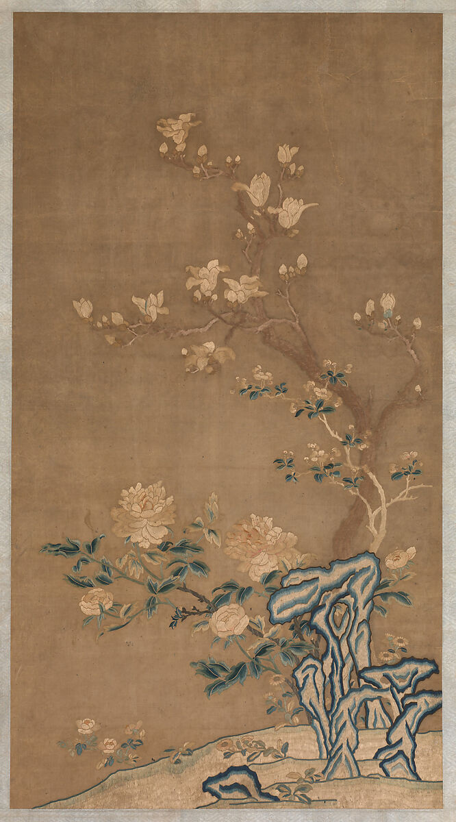 Magnolia, crabapple, and tree peony, Silk embroidery on silk gauze, China 