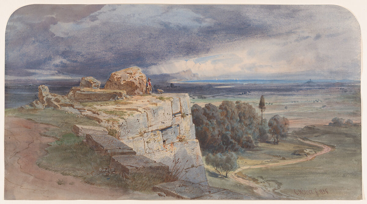 View of Norba from the North, towards San Felice Circeo, Carl Friedrich Heinrich Werner (German, 1808–1894), Watercolor 