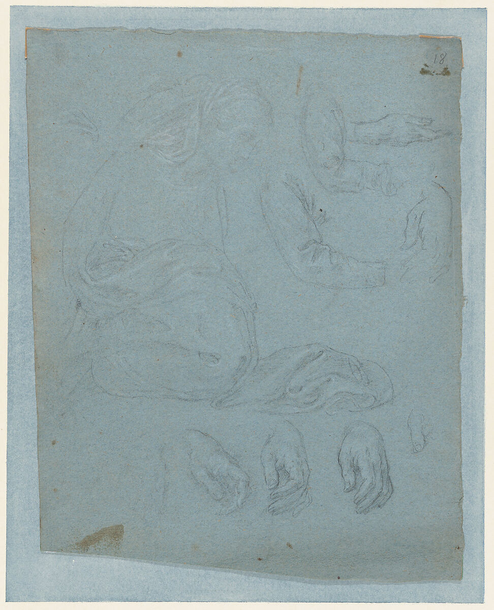Studies for the Virgin and Saints in the Nativity (interior of shutter of the organ in Milan Cathedral), Giovanni Ambrogio Figino (Italian, Milan 1548–1608 Milan), Black and white chalk on blue paper 