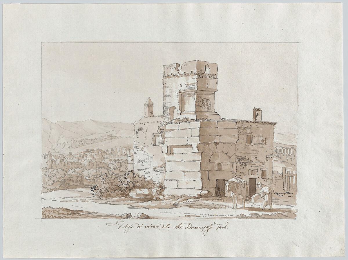 Remains of the Entrance of Hadrian’s Villa near Tivoli, Luigi Basiletti (Italian, Brescia 1780–1859 Brescia), Pen and brown wash over graphite 