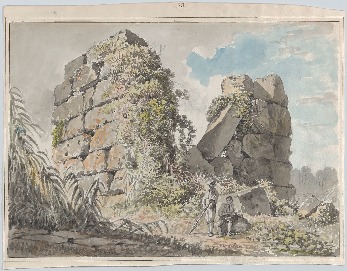 Ruins on the Right of the Via Appia, Carlo Labruzzi (Italian, Rome 1748–1817 Perugia), Watercolor over graphite 