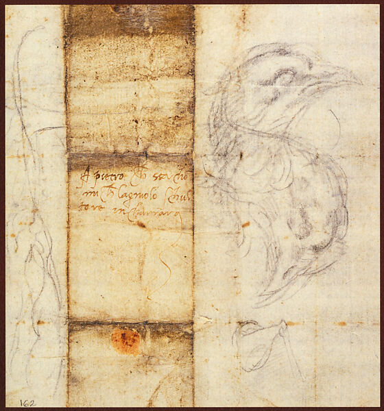 Letter to Pietro Urbano (20 August 1519) with sketch of a bird (recto and verso), Michelangelo Buonarroti (Italian, Caprese 1475–1564 Rome), Black chalk (drawing), pen and brown ink (recto); pen and brown ink (verso) 