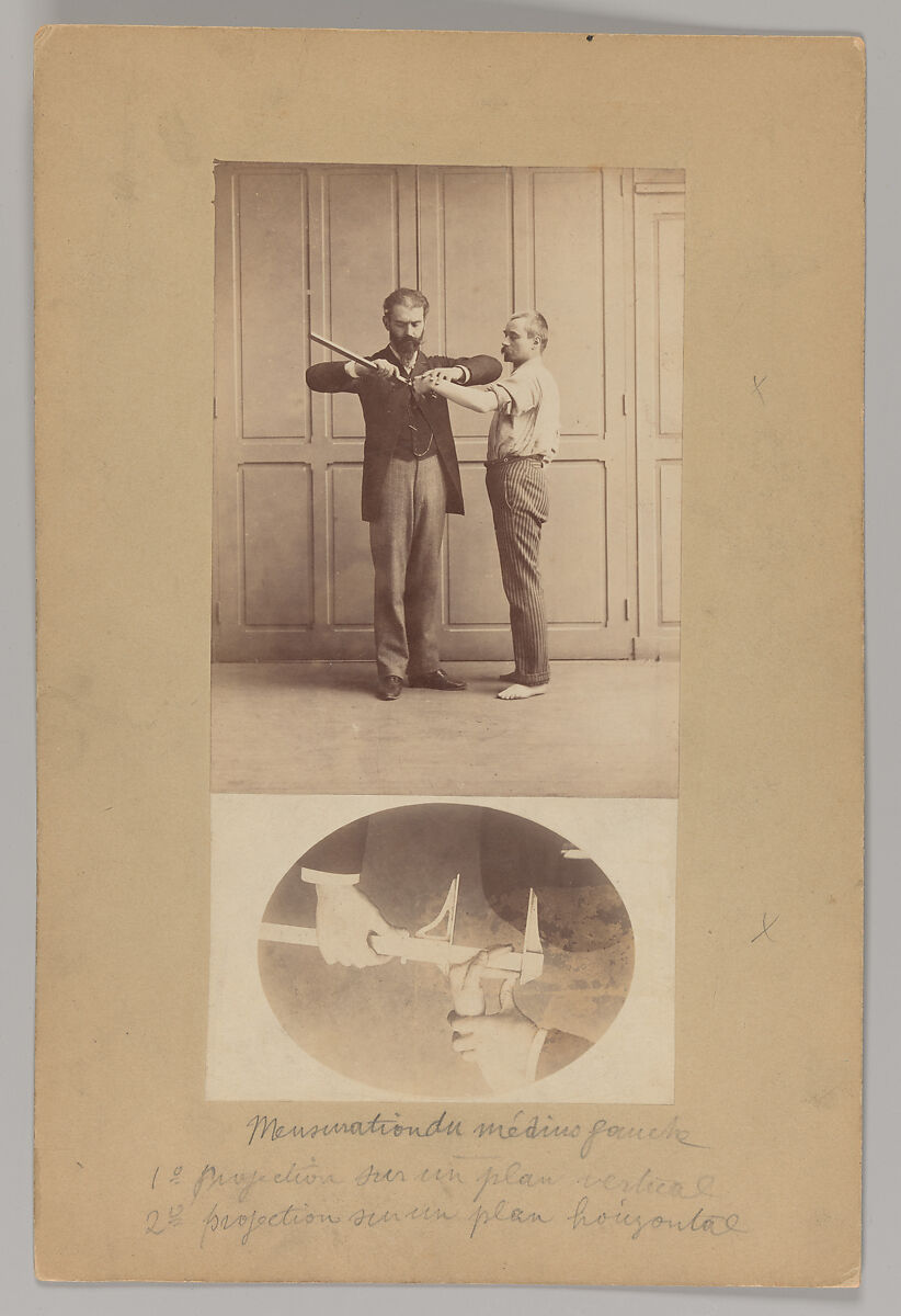 Measurement of Left Middle Finger, Alphonse Bertillon (French, 1853–1914), Albumen silver prints 