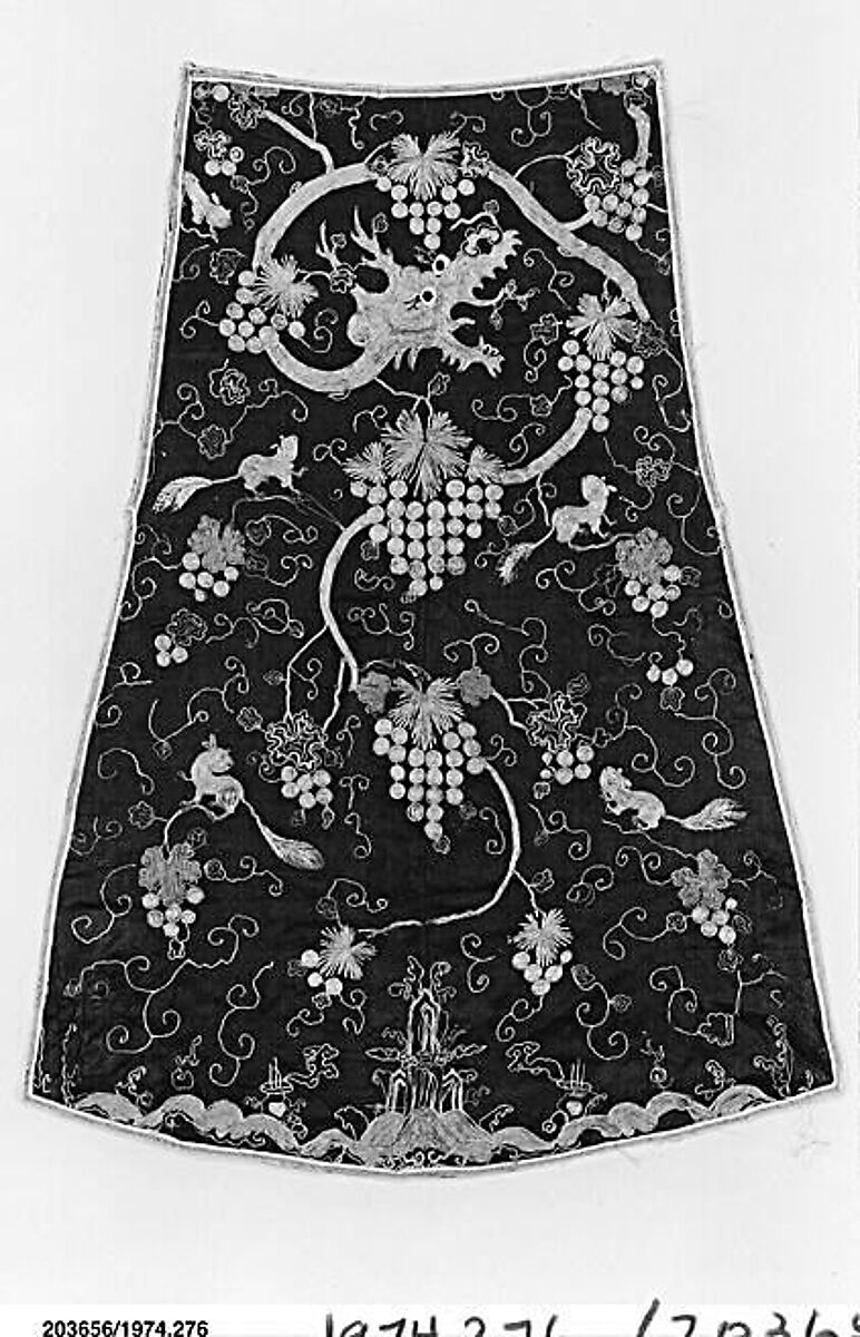 Panel with Dragon and Grape Vines, Silk and metal thread embroidery on silk satin, China