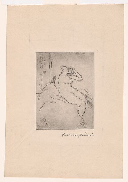 Seated Nude Arranging Her Hair, Yasuo Kuniyoshi (American (born Japan), Okayama 1889–1953 New York), Etching 