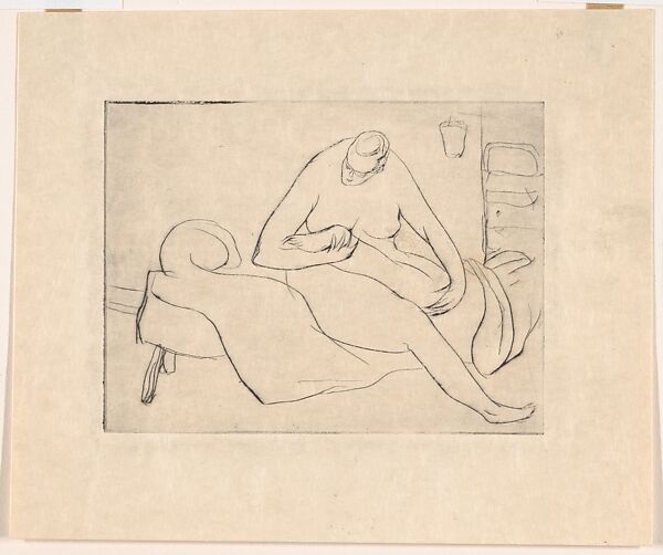 Nude Woman Examining Her Left Foot, Yasuo Kuniyoshi (American (born Japan), Okayama 1889–1953 New York), Etching on copper 