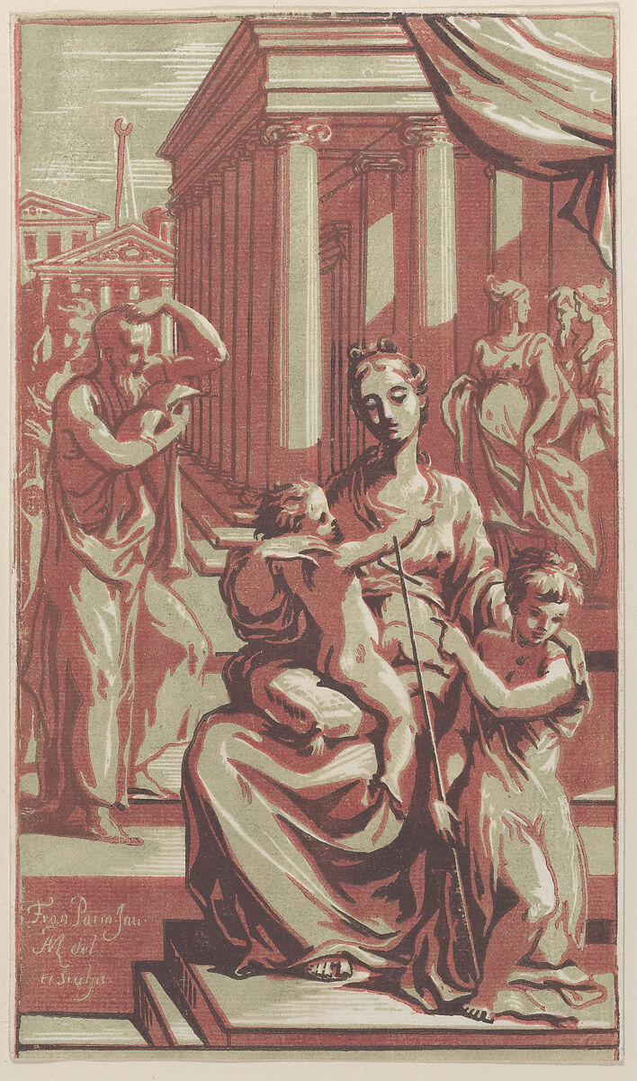 The Virgin and Child with Saint John the Baptist, Anton Maria Zanetti the Elder (Italian, Venice 1680–1767 Venice), Chiaroscuro woodcut from three blocks in green, pink and brown 