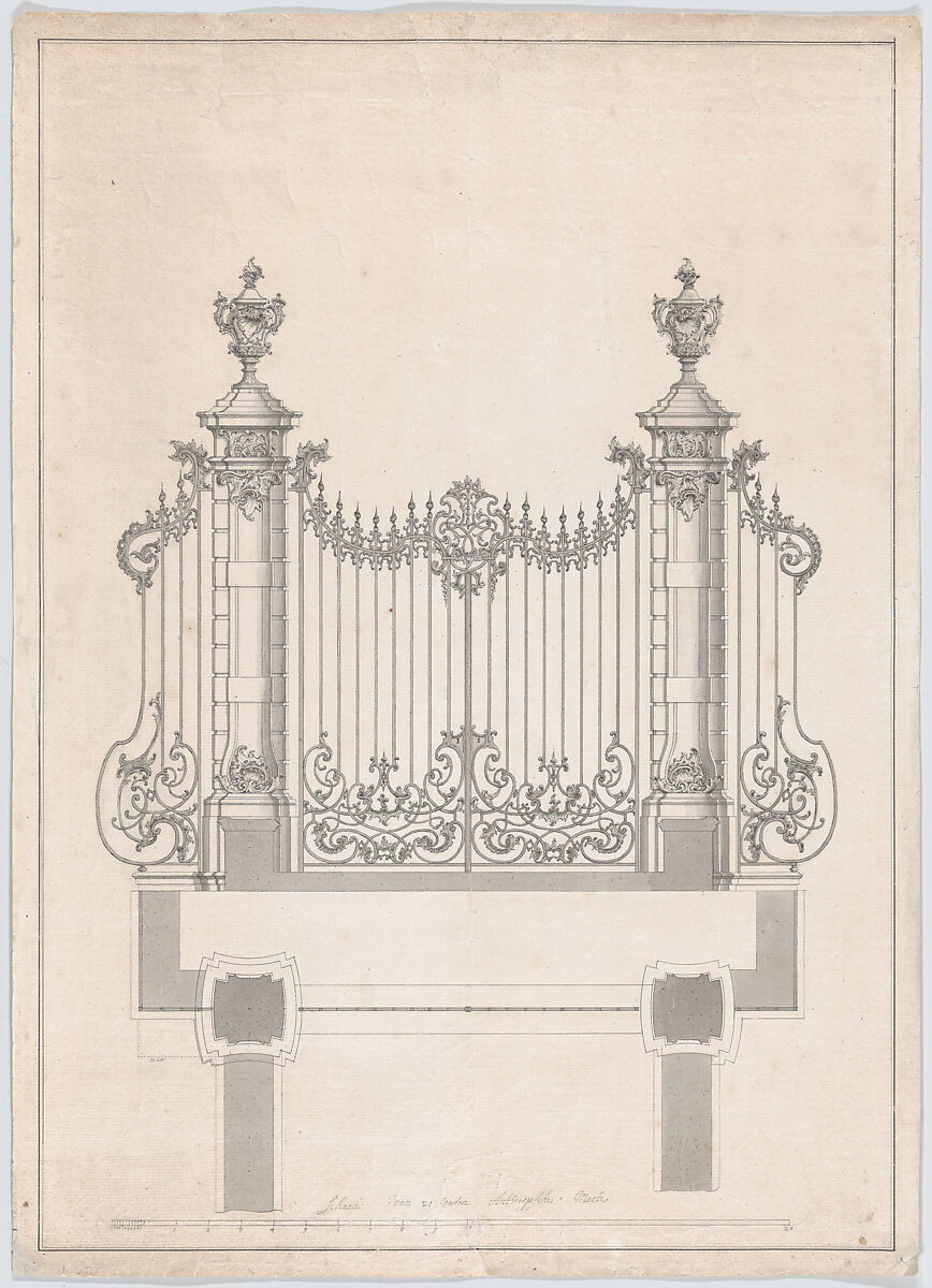 Design for the Cast Iron Gate of Castle ‘s-Gravenwezel (Belgium), Jan Pieter van Baurscheidt the Younger (Flemish, Antwerp 1699–1768 Antwerp), Pen and black ink with gray wash 