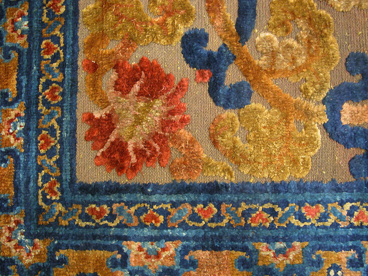 Rug, Foundation: silk and cotton warp, cotton weft;  silk pile;  metallic thread ground, China