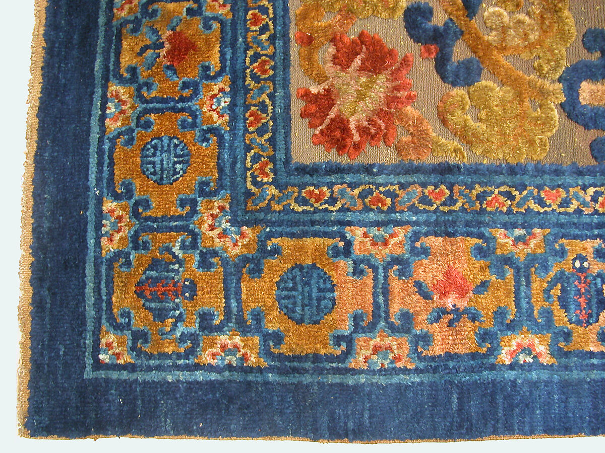 Rug, Foundation: silk and cotton warp, cotton weft;  silk pile;  metallic thread ground, China
