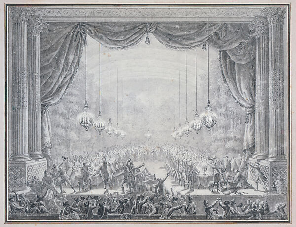 The Banquet of the Guards in the Versailles Opera (October 1, 1789), Jean Louis Prieur le Jeune (French, Paris 1759–1795 Paris), Graphite, gray wash, ink applied with brush, on paper 