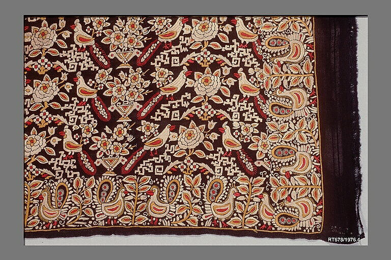 Portion of Silk Gauze Sari, Silk;  on silk, China for Parsi market, Bombay 